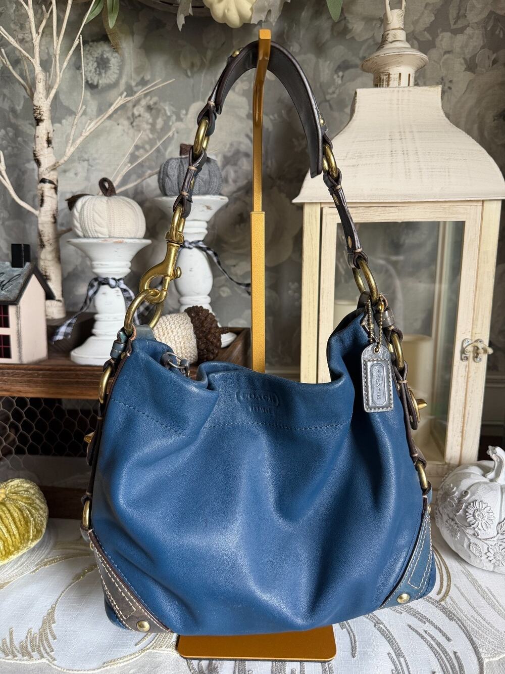 Y2K Vintage Coach CARLY Blue Leather Hobo Shoulder Bag Turnlock Detail Purse